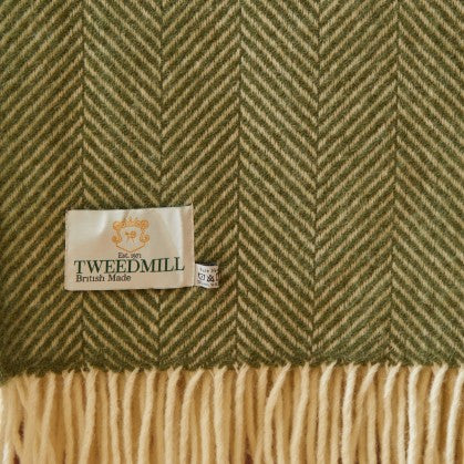 British Made Fishbone Wool Throw Olive