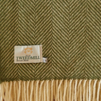 British Made Fishbone Wool Throw Olive