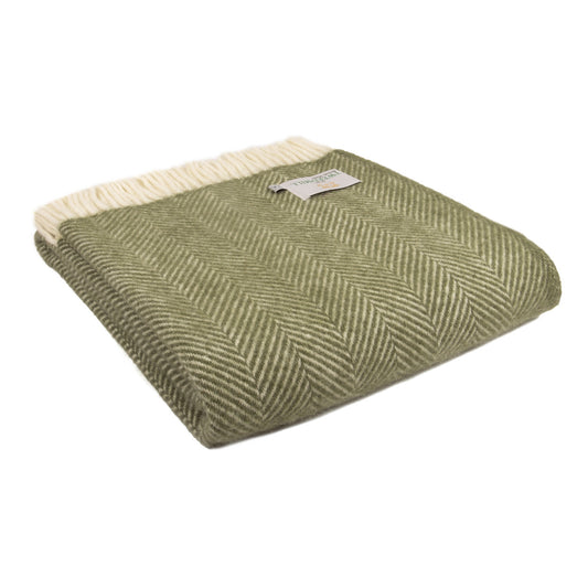 British Made Fishbone Wool Throw Olive
