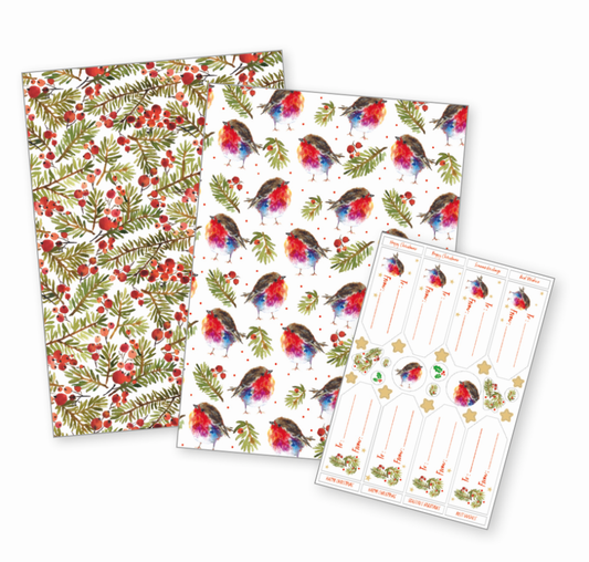 Robin/Berry Wrapping Paper with Sticker labels